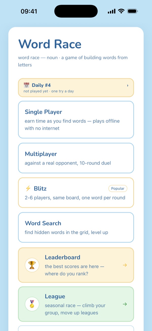 Vokap main menu: daily puzzle, single player, multiplayer, Blitz and Word Search