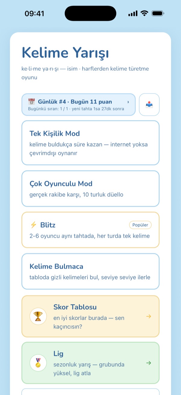 Vokap ana menüsü: günlük bulmaca, tek kişilik, çok oyunculu, Blitz ve Kelime Avı