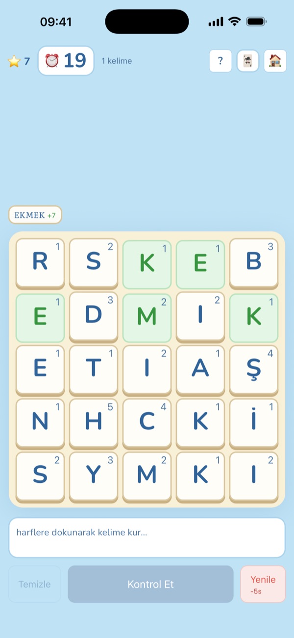 iPhone'da Vokap: 5x5 harf tahtası ve bulunan bir kelime